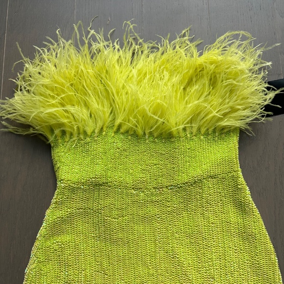 Retrofete TORIN Sequin Mini Dress Neon Yellow Feather Strapless XS - with tags - Picture 6 of 11